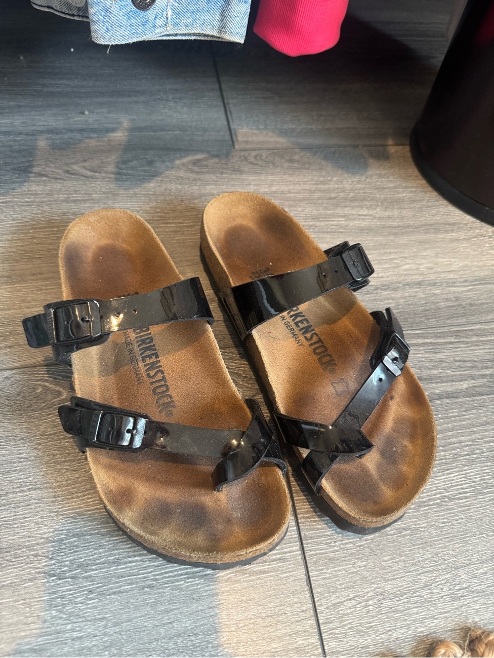 Birkenstock Black Patent Two-Strap Slides with Toe Loop